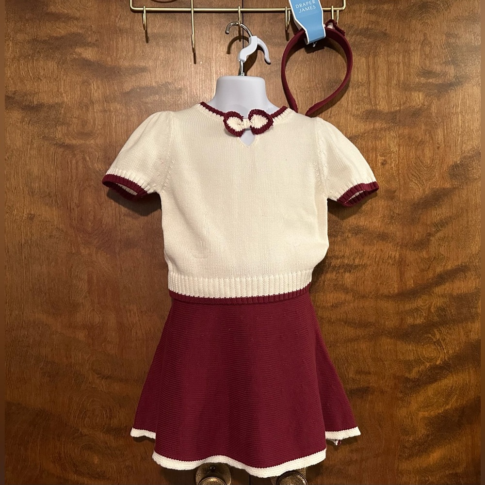 Draper James 3 Piece Sweater & Skirt Set w/Headband Girls 5 Ivory & Wine Knit